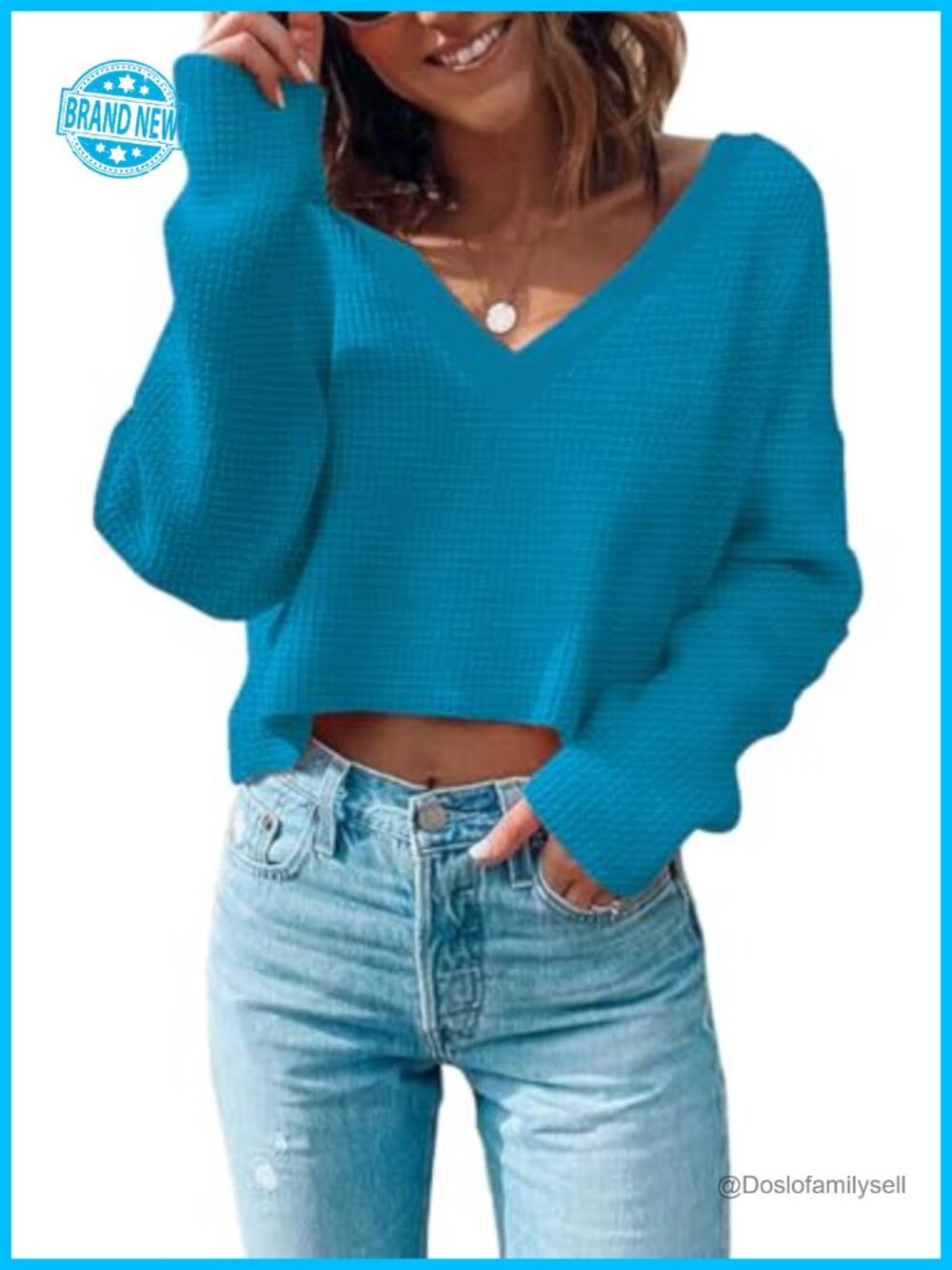 Waffle Knit Cropped V-Neck Pullover Sweater Long Sleeve Casual Top